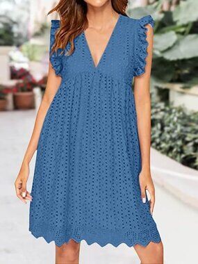 Blue Eyelet V-Neck Women’s Dress- LG-Never Worn